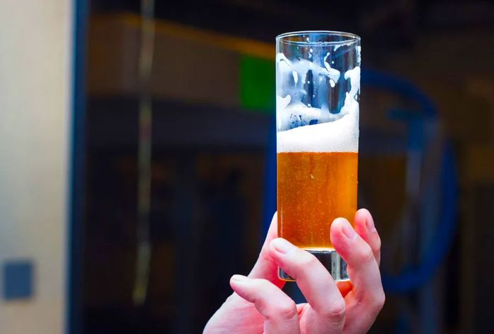 A hand holds a half-filled glass of beer.