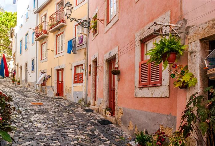 A cobblestone alley lined with houses featuring balconies and colorful planters.