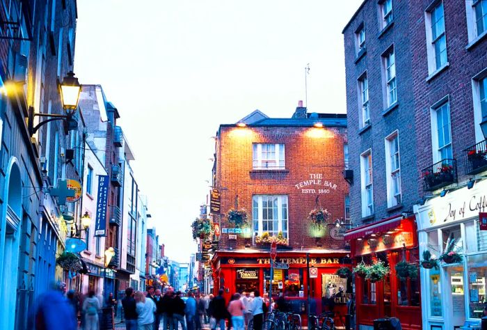 A bustling cobblestone street adorned with charming shops and the iconic Temple Bar.