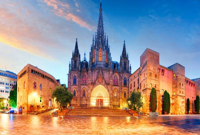 Gothic Barcelona Cathedral illuminated at night, Spain