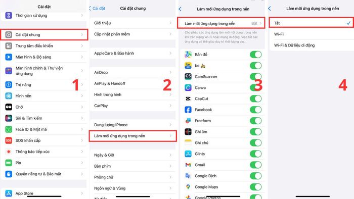 Tắt tính năng làm mới ứng dụng chạy nền
