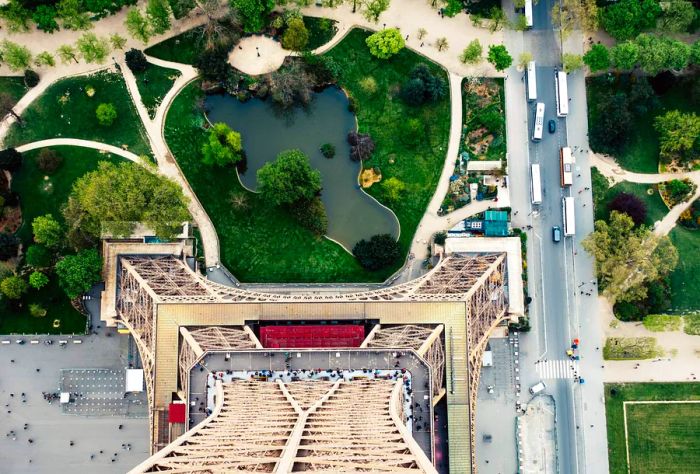 View from the Eiffel Tower overlooking a small park in Paris, France