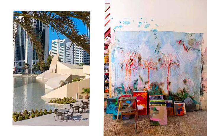 A pair of images from Abu Dhabi, one featuring the Cultural Center and the other showcasing an artist's studio.