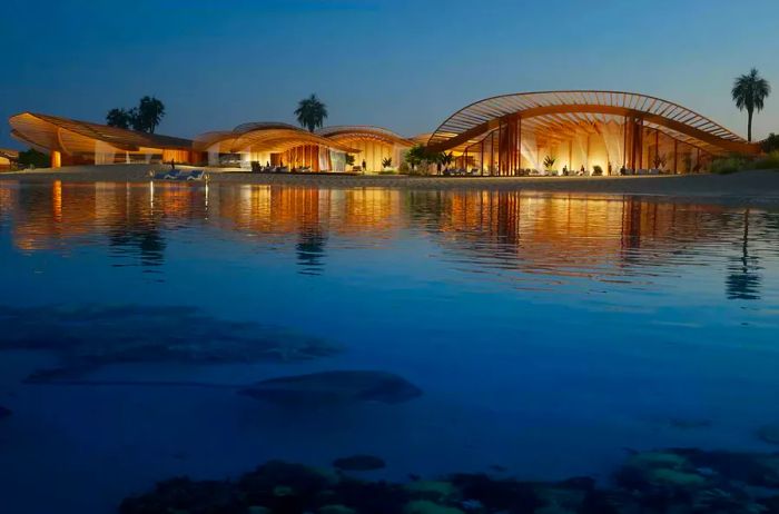 Aerial perspective of the Red Sea Project's coastal hotel and Shurayrah Island