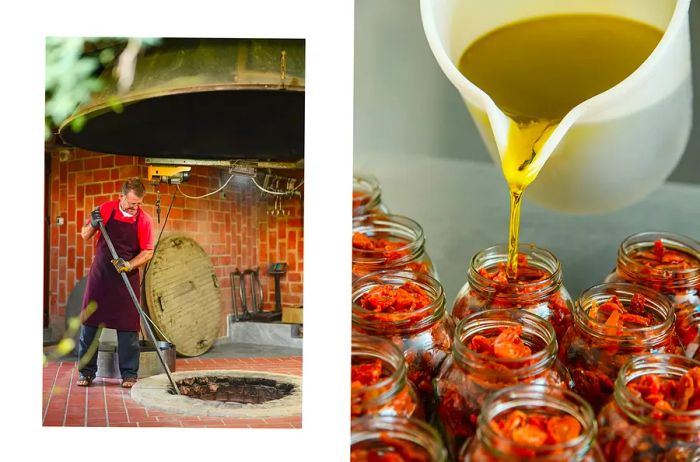 A pair of images from Albania: one featuring a man tending to an underground oven, and another showing oil being drizzled over dehydrated tomatoes.