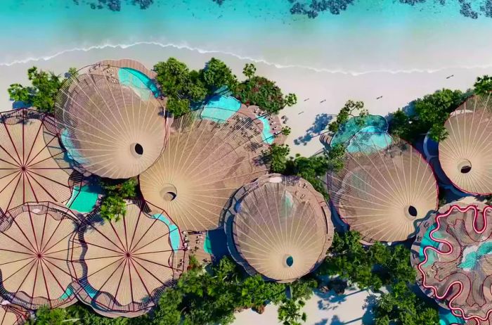 Aerial view of the shoreline hotel at the Red Sea Project alongside Shurayrah Island