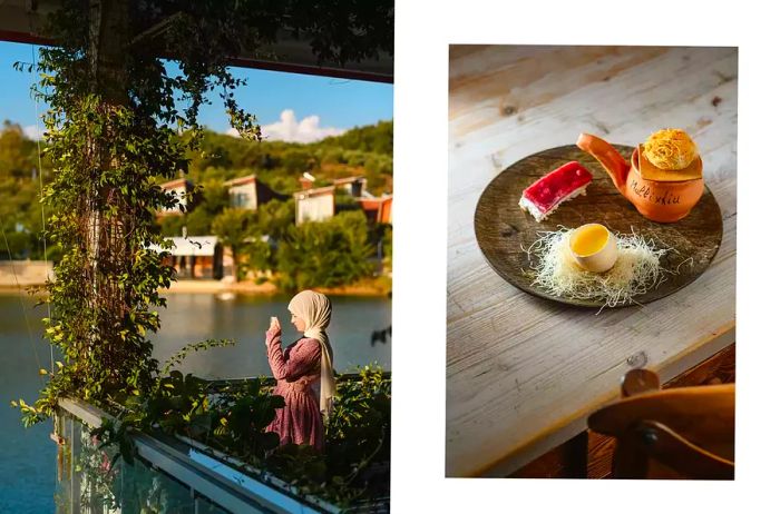 A pair of images from Albania: one features a woman capturing the beauty of a lake, while the other showcases a dish served in a restaurant.