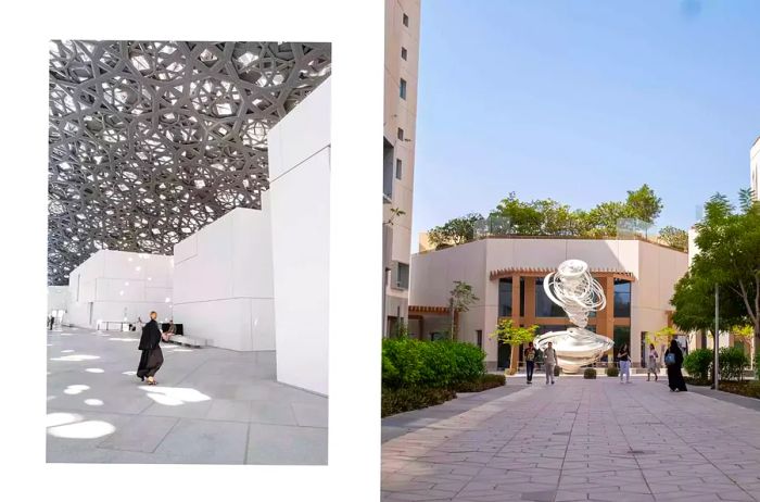 A pair of images from Abu Dhabi, featuring a woman strolling beneath a sculptural canopy and a sculpture nestled in a garden.