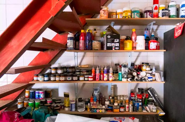 Shelves filled with artist supplies