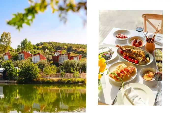 A pair of images from Albania: one featuring modern cabins by a serene lake, and the other showcasing an outdoor dining setup filled with delicious dishes.