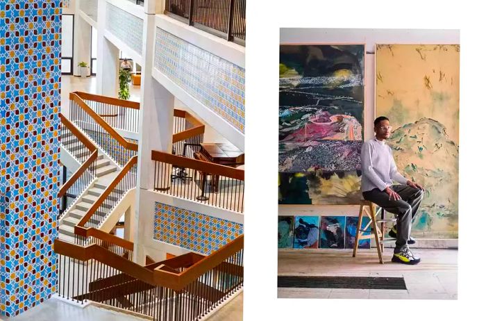 A pair of images from Abu Dhabi, featuring one of stairs and tiles at the Cultural Center and another of an artist's portrait in his studio.