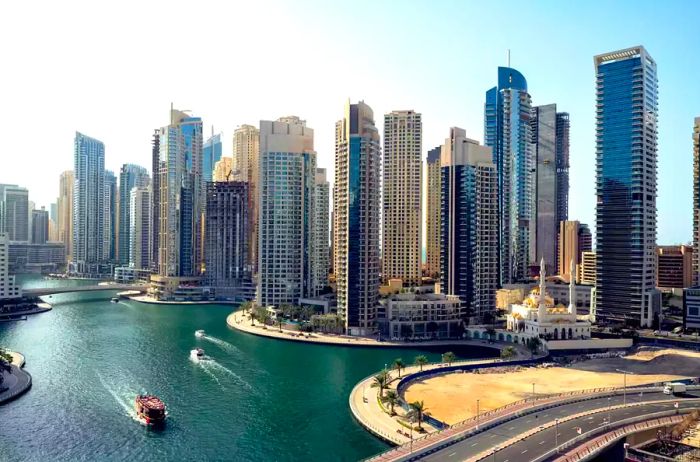 Bird's-eye view of the skyline and towers at sunset in Dubai Marina