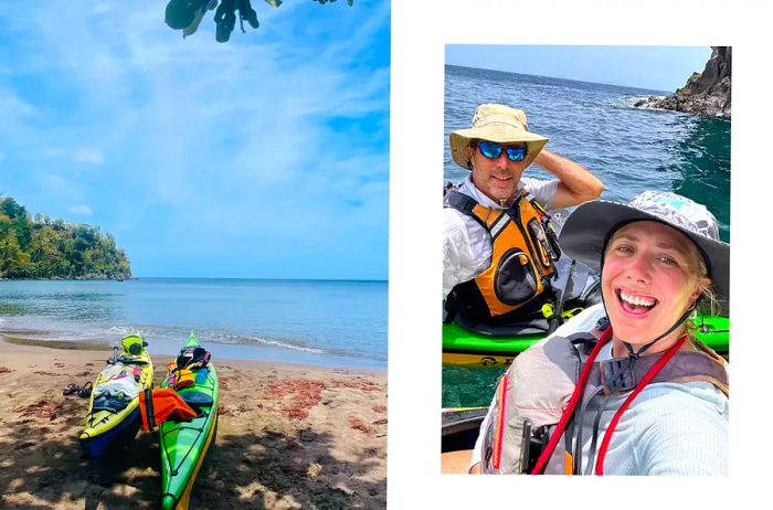 Two kayaks resting on a beach; two people smiling for a photo in a kayak on the ocean