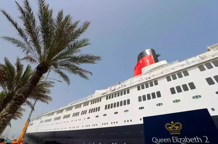 The luxury cruise ship, Queen Elizabeth II, commonly referred to as the QE2, is docked at Port Rashid in Dubai.