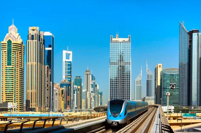 Metro Train and the Dubai Financial Centre Skyline