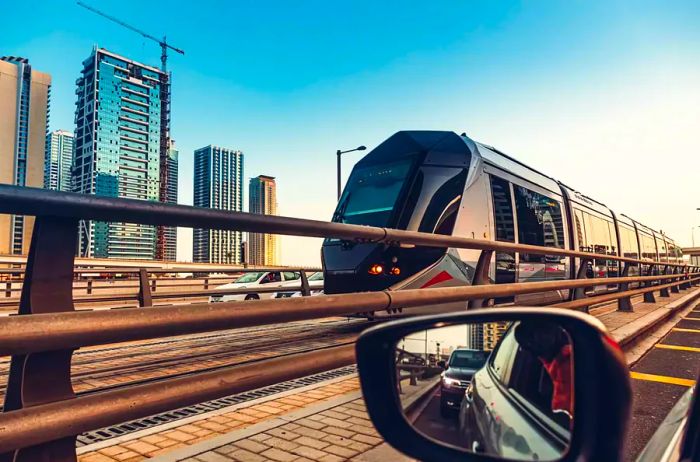 Tram approaching the station in Dubai