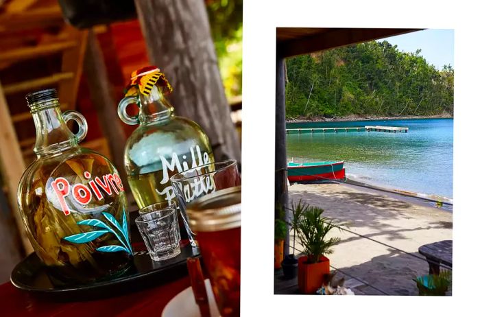 Rum bottles on a restaurant table; the ocean view from a seaside eatery