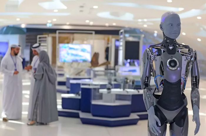 The Ameca humanoid robot welcomes guests at Dubai's Museum of the Future.