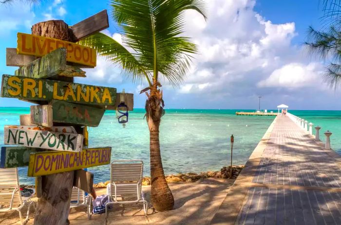 A signpost indicating various destinations beside the stunning blue-green waters at Rum Point dock on the north coast of Grand Cayman, Cayman Islands, BWI