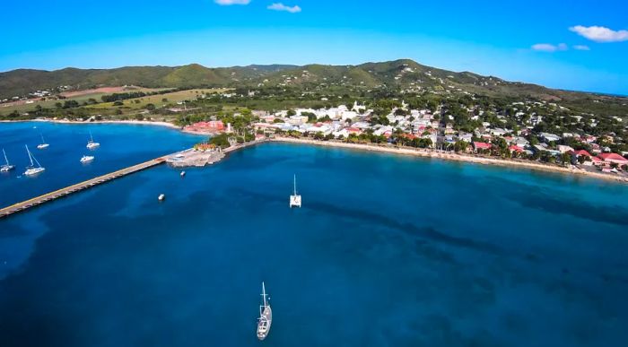 Aerial view of St. Croix's pier and its stunning beach coastline.