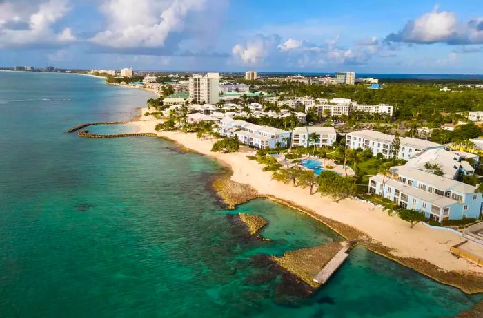 Resorts and condos lining Seven Mile Beach, Grand Cayman, Cayman Islands