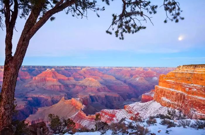 A winter view of the Grand Canyon at sunset, Arizona.