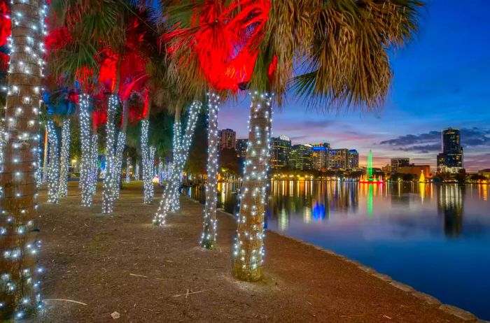 A serene early morning view of Lake Eola Park during the Christmas holiday season in downtown Orlando, Florida, USA