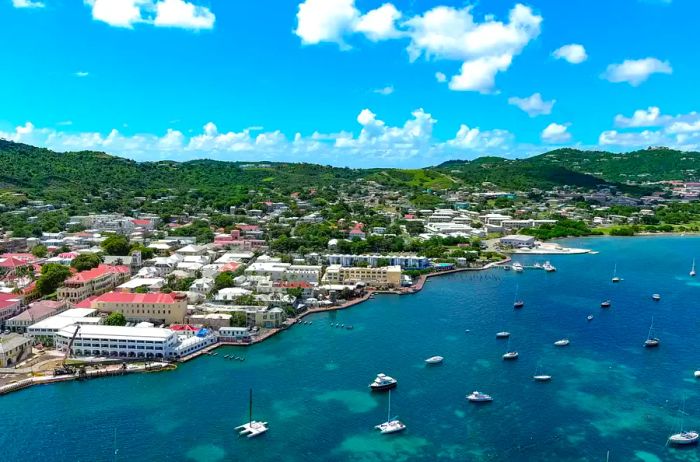 Aerial view of Christiansted harbor on the northern side of St. Croix in the US Virgin Islands.