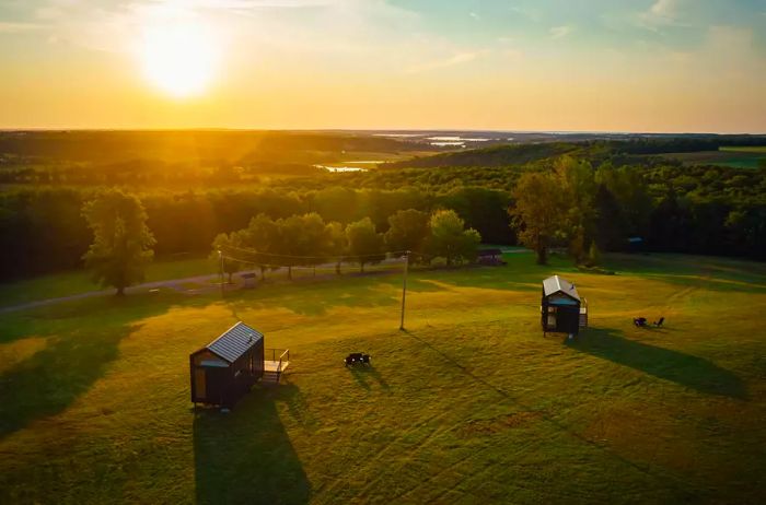 Aerial view of the Meridian63° luxury camping micro cabins on Prince Edward Island