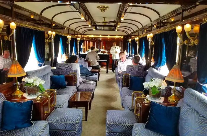 The interior of the bar car on the Venice Simplon Orient Express