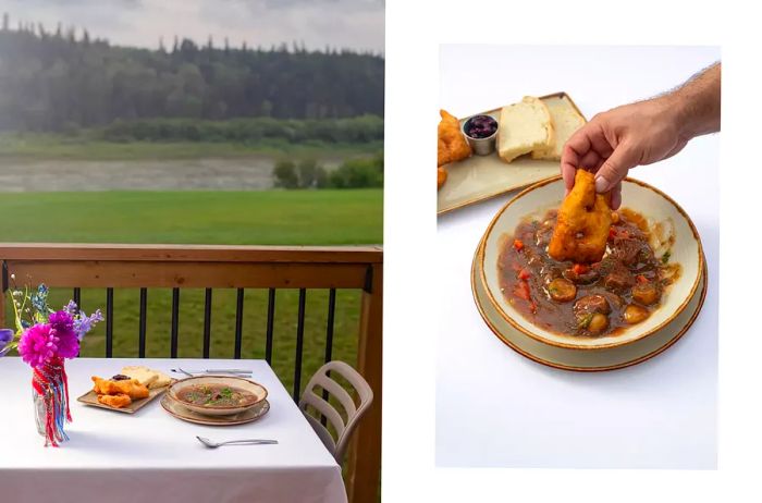 A pair of images, one depicting a dining table with two dishes, and another offering a close-up of the dishes (bannock bread and bison stew).