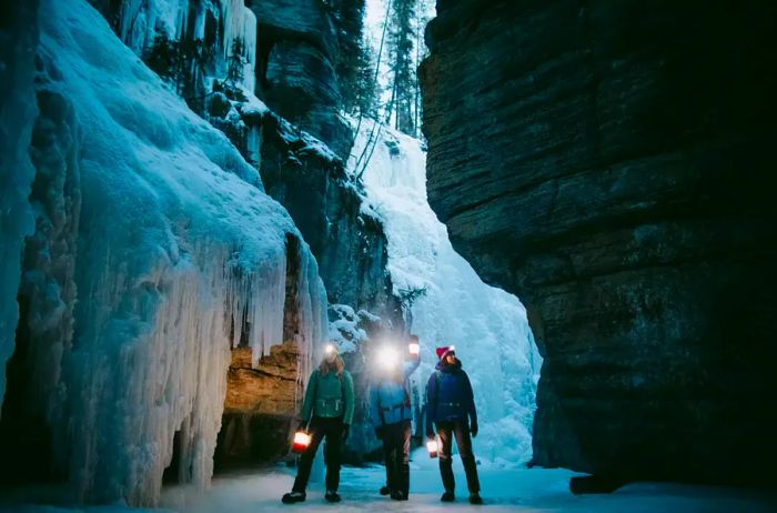 Exploring the Maligne Canyon on ice in Jasper, Canada