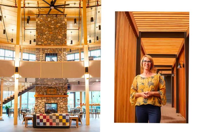 A pair of images from Métis Crossing, showcasing the lobby and the complex's CEO, Juanita Marois.