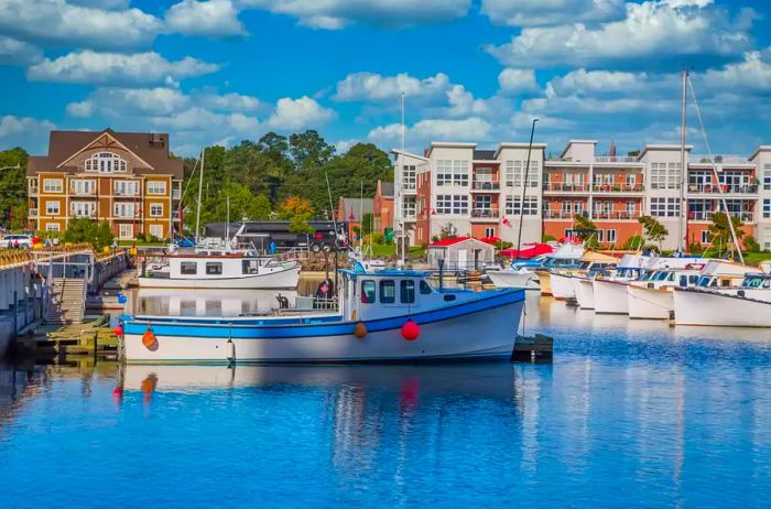 Quaint fishing boats bobbing in a tranquil blue harbor on Prince Edward Island, Canada