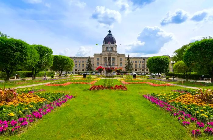 A picturesque garden in front of the Legislative Assembly of Saskatchewan located in Regina