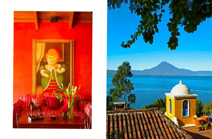 Two photos from Antigua, Guatemala: one featuring artwork in a hotel and the other showcasing views of water and a volcano.