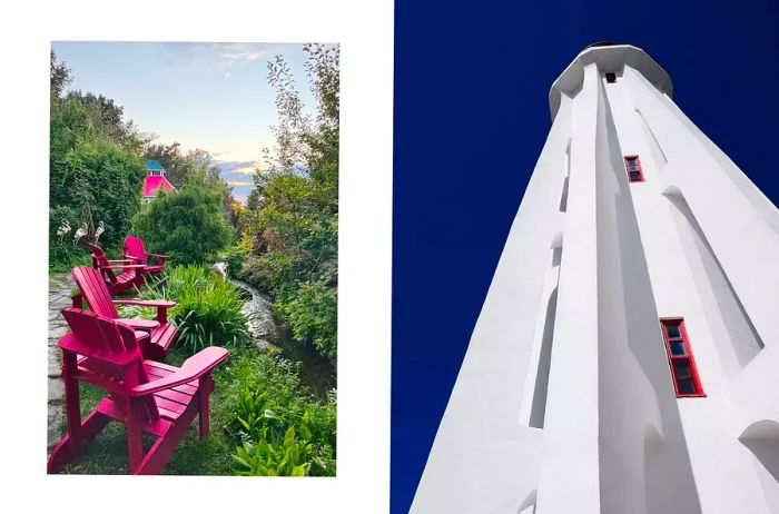 A pair of photographs from Canada: one featuring red chairs on an overlook, and another showcasing architectural details of a lighthouse.