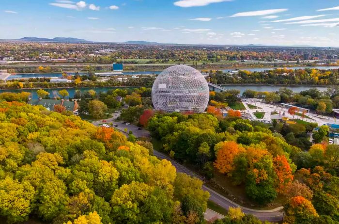 Aerial view of Parc Jean-Drapeau in fall, Montreal, Quebec, Canada.