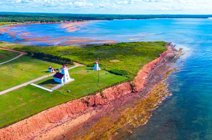 Aerial view of Wood Islands Lighthouse, Prince Edward Island.