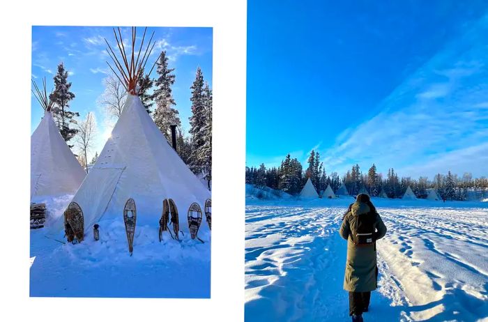 Left: A teepee blanketed in snow Right: A woman traversing through the snowy landscape