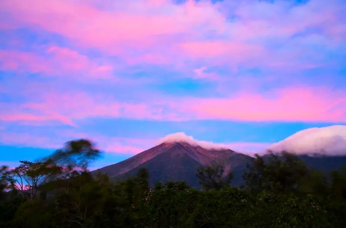 The Fuego volcano during sunset