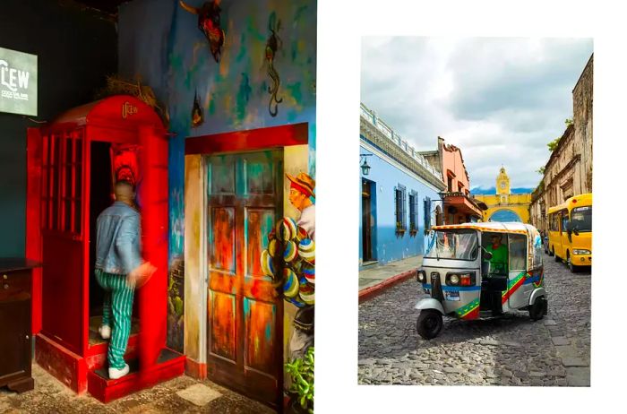 Two photos from Antigua, Guatemala: one depicting the entrance to a bar styled like a London phone booth and the other showing a vibrant tuk tuk.