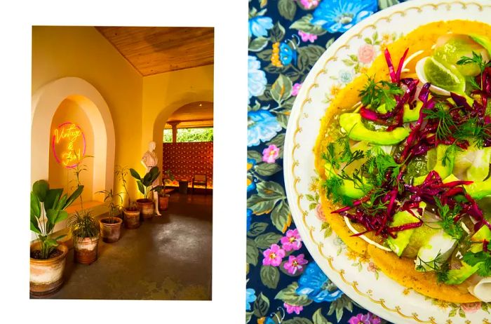 A pair of images showcasing Antigua Guatemala: one features a charming shop entrance, while the other highlights a delicious tostada dish.