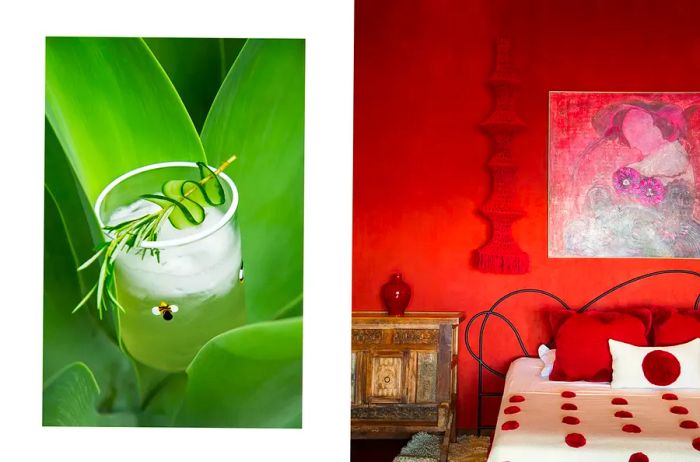 A pair of images from Antigua Guatemala, one showcasing a cocktail and the other displaying a red-toned hotel guest room.