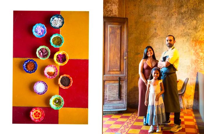 A duo of images from Antigua Guatemala, featuring one showcasing ingredients in preparation bowls and the other depicting a chef with his wife and daughter.