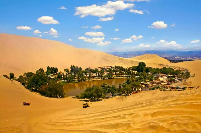 The Huacachina Oasis, centered around a small natural lake in the desert.