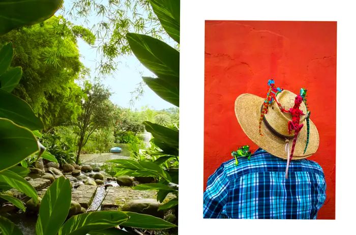 Two photos from Antigua, Guatemala: one showcasing a hotel garden and the other featuring a craft vendor's hat.