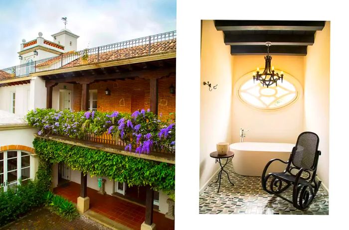 Two photos from Villa Bokéh in Antigua, Guatemala: one showcasing a charming courtyard and the other displaying a suite bathroom.