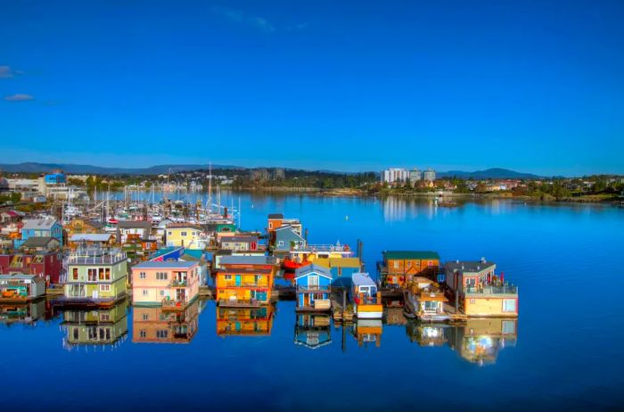 Houseboats at Fisherman's Wharf in Victoria's Inner Harbour, British Columbia, Canada.