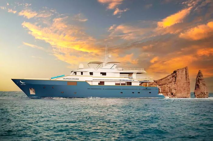 The stunning exterior of the Galapagos Explorer yacht